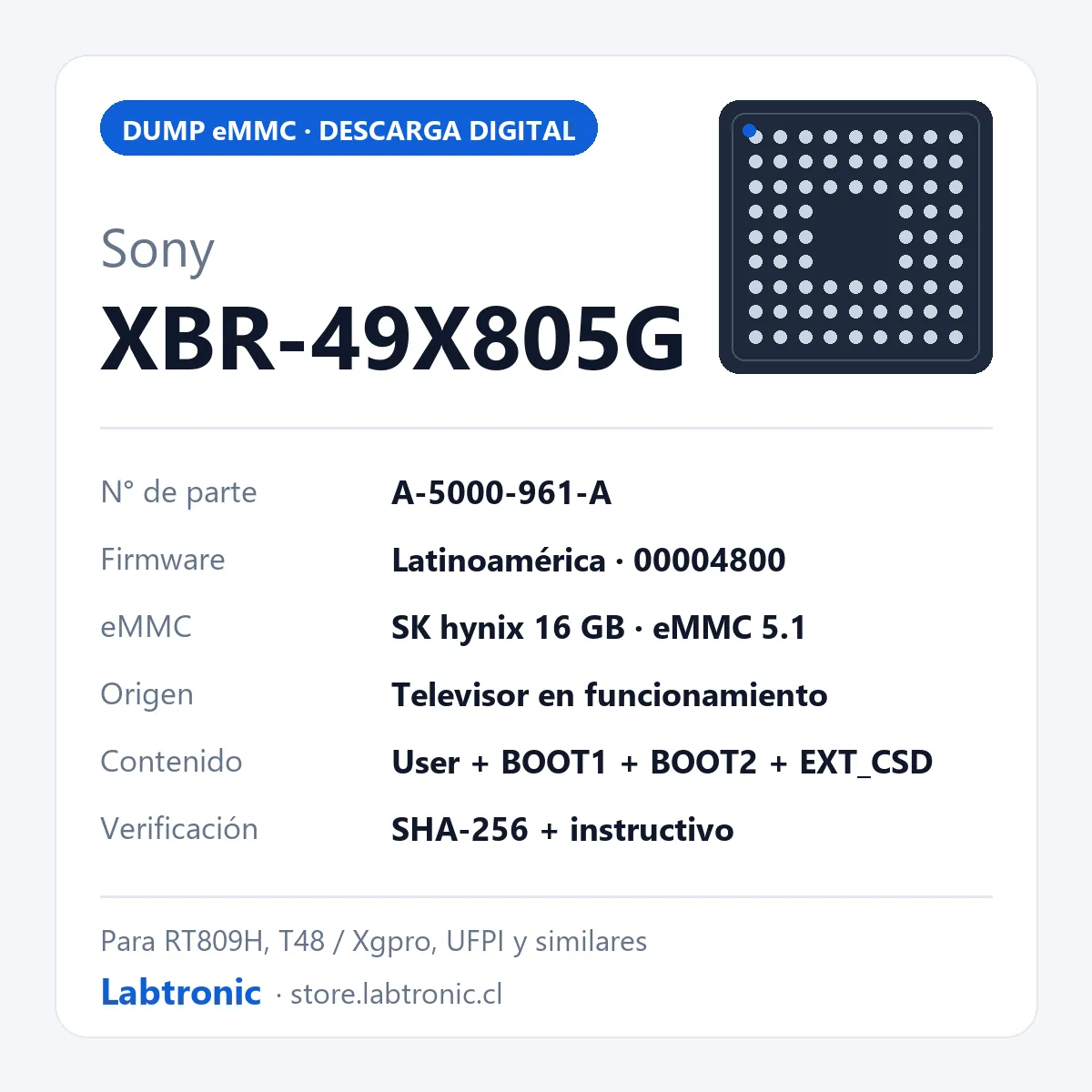 Dump eMMC Sony XBR-49X805G placa A-5000-961-A completo con BOOT1, BOOT2 y EXT_CSD